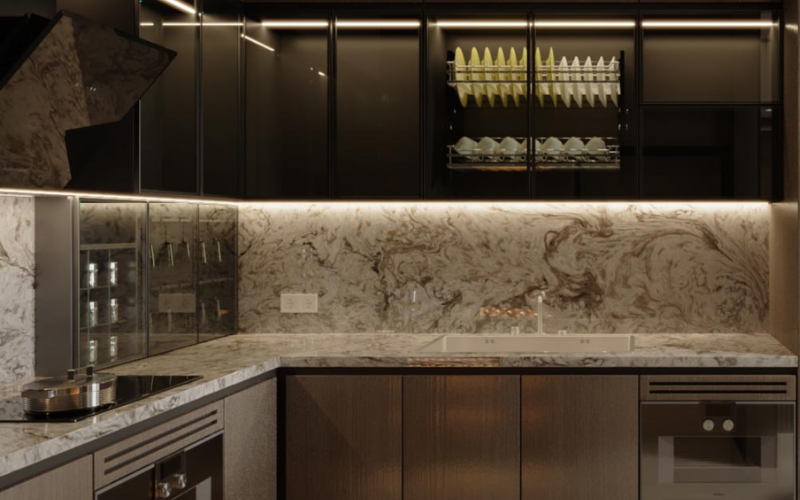 tủ bếp cánh kính khung nhôm