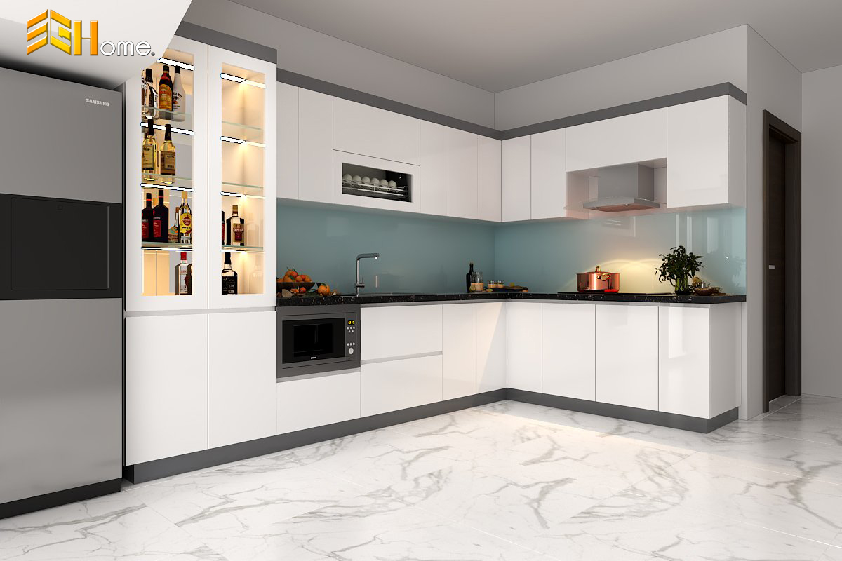 Tủ bếp kính cho nhà hiện đại chữ L