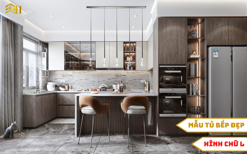 Mẫu tủ bếp đẹp hình chữ L với xu hướng hiện đại, phù hợp không gian nhỏ