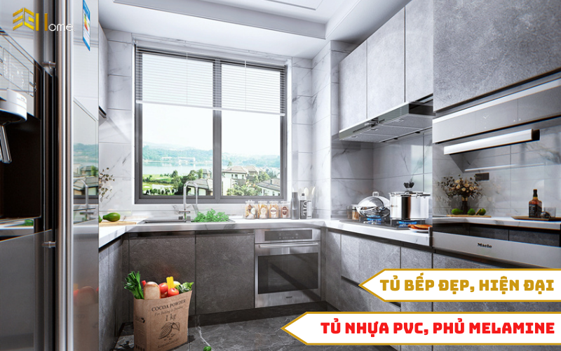 Tủ bếp đẹp - Tủ bếp nhựa phủ PVC melamine cánh kính cường lực sơn màu