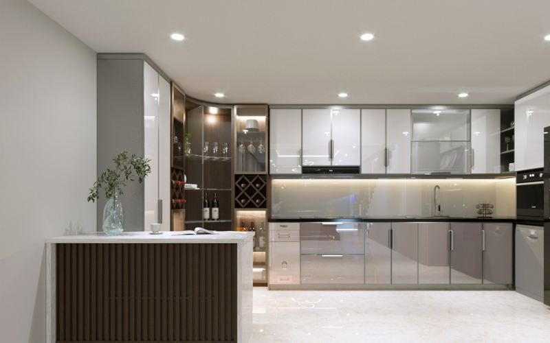 tủ bếp inox cánh kính 